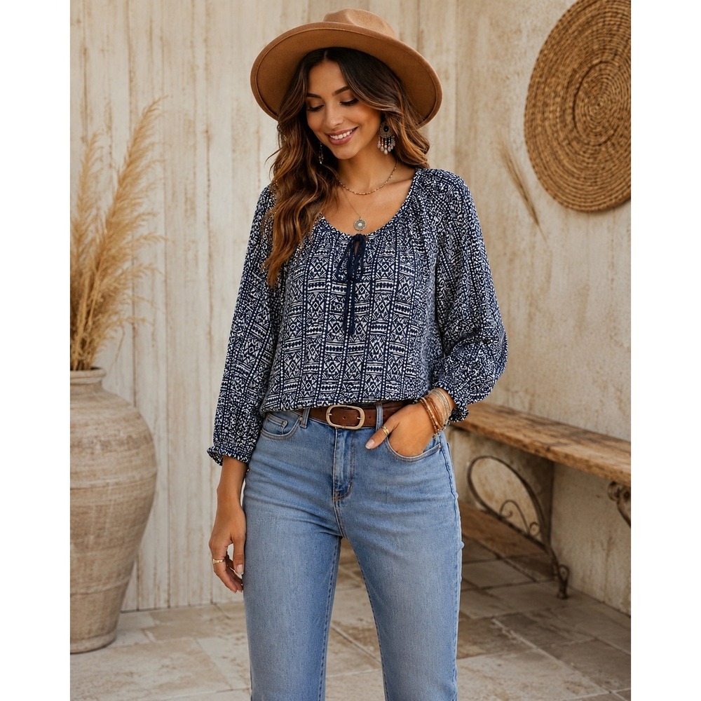 Lucky Brand Womens M Navy White Boho Top Tie Neck 3/4 Sleeve Rayon Festival